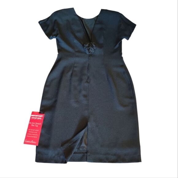 VTG Black Low Back Rosette Midi Sheath Dress Deadstock Size 14 *Fits like Large - Picture 10 of 15